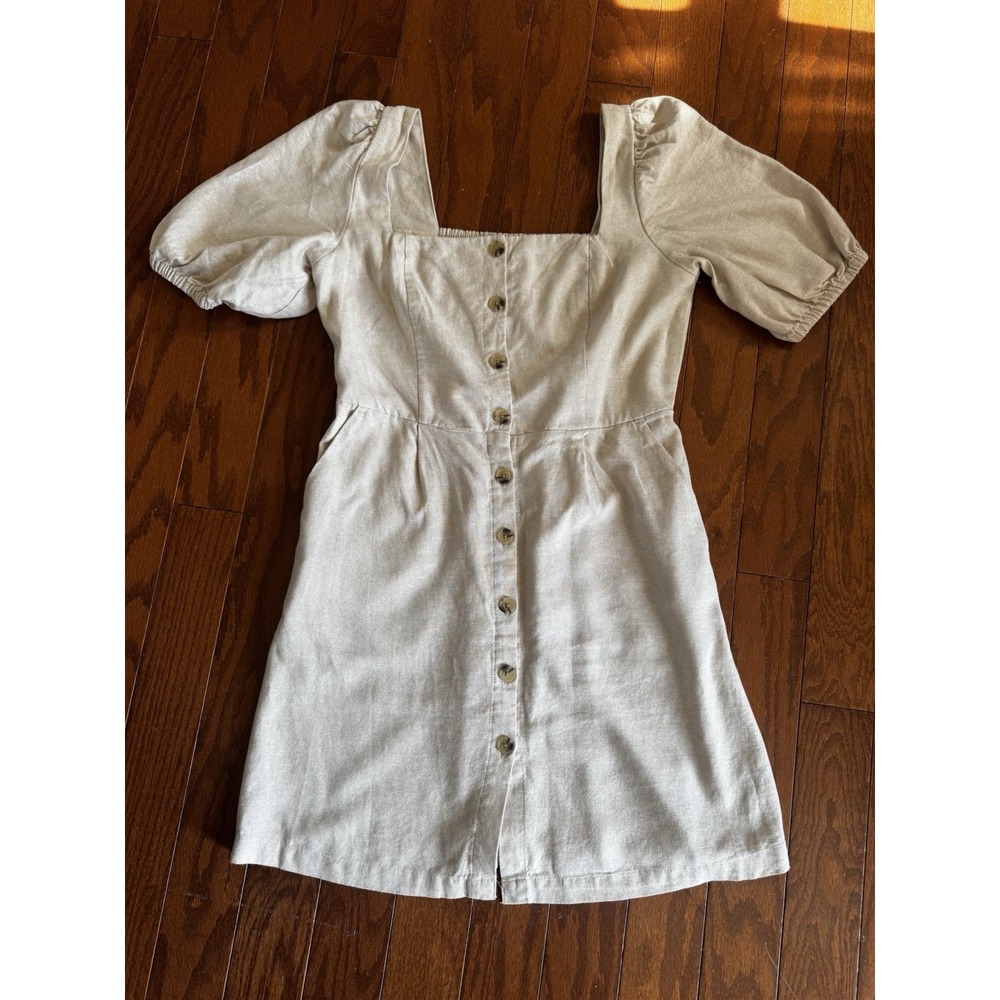 Old Navy Linen Blend Mini Dress S Puff Sleeve Cottagecore Button Front